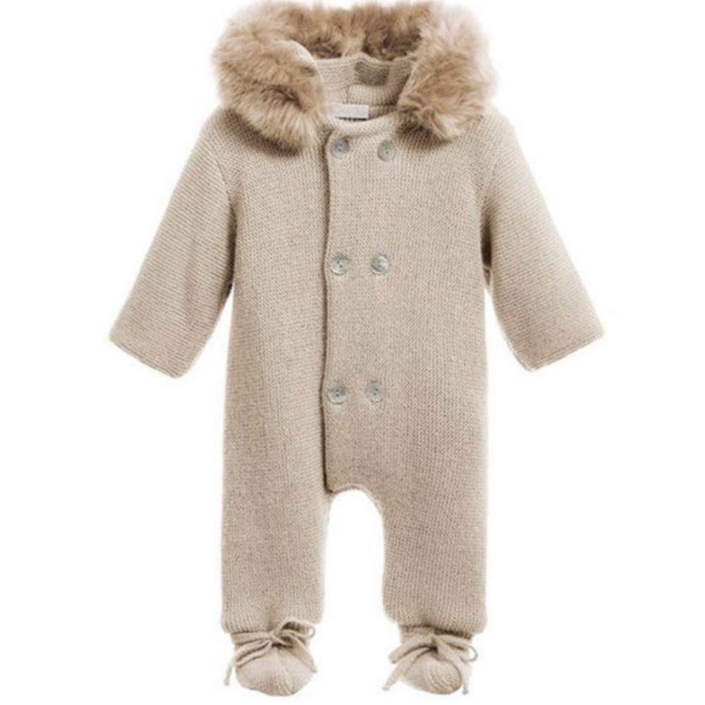 Mebi Nature Knit Pramsuit with Fur Hood Beige 9 Month